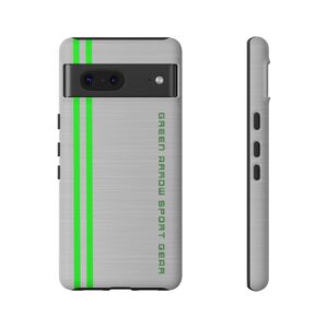 G.A.S.G | Green Arrow Sport Gear: Tough Phone Case for 21 Models of Google Pixel Mobile Phones | Silver Gray and Green Edition | Front and Side View.